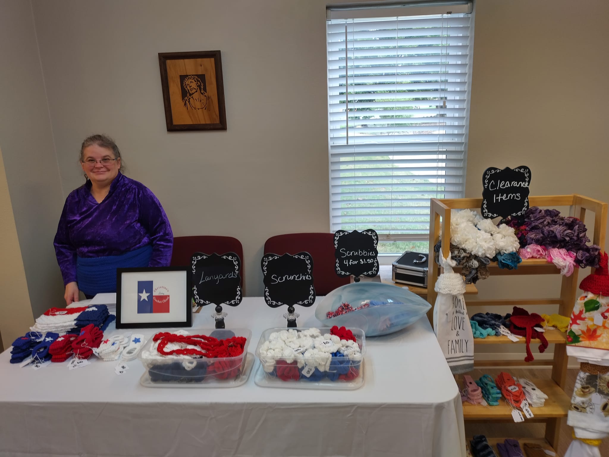 Christine with handmade crochet items